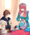  1boy 1girl absurdres apron aqua_dress belt blue_flower blue_shirt blurry blurry_background blush bow breasts brown_belt brown_eyes brown_hair chair cleavage cloak commission cup detached_collar dress earrings english_commentary fire_emblem fire_emblem_heroes flower gloves gold_trim gradient_hair green_eyes gunnthra_(fire_emblem) hair_between_eyes hair_flower hair_ornament headdress highres holding holding_cup holding_plate holding_teapot icicle jewelry kiran_(fire_emblem) large_breasts lips looking_at_another low_twintails maid maid_apron maid_headdress multicolored_hair orange_hair pink_hair plate pouring red_bow red_gloves ritence shirt signature sitting smile tablecloth teapot twintails twitter_username white_cloak 
