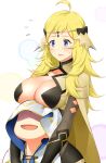  1boy 1girl absurdres ahoge blonde_hair blue_eyes breast_rest breasts breasts_on_head bridal_gauntlets circlet commission commissioner_upload fire_emblem fire_emblem_fates fire_emblem_heroes highres igni_tion kiran_(fire_emblem) large_breasts long_hair open_mouth ophelia_(fire_emblem) simple_background turtleneck upper_body 