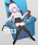  1girl armchair bangs beijuu beret black_bow black_footwear black_legwear black_skirt bow chair finger_on_trigger girls_frontline grey_background gun hair_bow handgun hat headwear_removed holding holding_gun holding_weapon long_hair looking_at_viewer pillow red_eyes shoes silver_hair simple_background sitting skirt solo thighhighs tokarev_(girls_frontline) tokarev_tt-33 weapon 