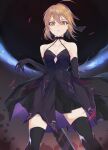  1girl absurdres ahoge artoria_pendragon_(all) bangs black_bow black_choker black_gloves black_legwear black_skirt blonde_hair bow breasts choker cleavage collarbone elbow_gloves fate/stay_night fate_(series) floating_hair gloves hair_between_eyes hair_bow hand_on_hilt highres huge_filesize looking_at_viewer medium_breasts parted_lips saber_alter shiny shiny_hair short_hair skirt skirt_set solo standing thighhighs yellow_eyes zettai_ryouiki 