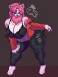  anthro big_breasts breasts cleavage clothed clothing domestic_cat eyewear felid feline felis female hair hi_res jacket mammal open_clothing open_jacket open_topwear pink_hair solo sunglasses thick_thighs topwear torn_clothing zeromccall 