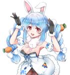  1041_(toshikazu) 1girl :d animal_ear_fluff animal_ears armpits arms_up bangs bare_shoulders black_gloves black_legwear black_leotard blue_hair blush braid breasts bunny-shaped_pupils bunny_ears bunny_pose carrot_hair_ornament cleavage coat contrapposto cowboy_shot detached_sleeves don-chan_(usada_pekora) eyebrows_visible_through_hair food_themed_hair_ornament fur-trimmed_coat fur-trimmed_gloves fur_scarf fur_trim gloves hair_ornament hikimayu hololive leaning_forward leotard leotard_under_clothes long_hair looking_at_viewer medium_breasts multicolored_hair open_mouth orange_eyes pantyhose playboy_bunny puffy_short_sleeves puffy_sleeves rabbit_girl scarf short_eyebrows short_sleeves sidelocks simple_background smile solo strapless strapless_coat strapless_leotard swept_bangs twin_braids twintails two-tone_hair upper_teeth usada_pekora virtual_youtuber white_background white_coat white_hair white_scarf white_sleeves 