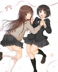  2girls :d amagami black_hair black_jacket black_legwear black_neckwear black_skirt blazer bow bowtie brown_eyes brown_footwear brown_hair brown_sweater commentary face-to-face hair_strand highres holding_hands interlocked_fingers jacket kakki28469387 kamizaki_risa kibito_high_school_uniform kneehighs leg_up loafers long_hair looking_at_viewer looking_back multiple_girls open_mouth parted_lips pink_bow pink_ribbon pleated_skirt raised_eyebrows ribbon school_uniform shoes short_hair skirt smile snowflakes sweater tachibana_miya upper_teeth very_long_hair white_background white_legwear 