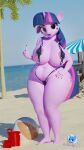  3d_(artwork) absurd_res anthro anthrofied areola beach big_breasts bikini breasts clothed clothing digital_media_(artwork) equid equine female friendship_is_magic gesture hand_on_hip hi_res horn mammal middle_finger my_little_pony seaside shreddy117 skimpy sling_bikini solo swimwear thick_thighs twilight_sparkle_(mlp) unicorn water wide_hips 