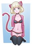  absurd_res anthro blonde_hair blue_eyes blurred_background bra breasts cat_tail catlad choker clothed clothing domestic_cat felid feline felis female fur hair hi_res jewelry kneeling legwear mammal midriff navel necklace panties pink_body pink_fur pink_nose pupils shy simple_background size_difference slim slit_pupils small_breasts smaller_female smile smiling_at_viewer solo thigh_gap thigh_highs underwear 