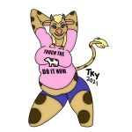  anthro blonde_hair blue_bottomwear blue_clothing bottomwear bovid bovine brown_body brown_skin brown_spots clothing female hair hands_behind_head hi_res horn kneeling looking_at_viewer mammal marie_(tackykat) meme midriff overweight overweight_anthro overweight_female pigtails pink_clothing pink_topwear pose simple_background smile solo spots tackykat topwear 