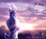  anthro antlers cervid cleovelot clouded_leopard crossed_arms felid fur hair hi_res horn hybrid lynxurious male mammal pantherine purple_background purple_body purple_eyes purple_fur purple_hair scut_tail simple_background solo spots sunset 