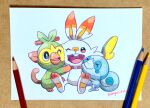  absurdres animal_focus black_eyes colored_pencil_(medium) creature gen_8_pokemon grookey highres mojacookie no_humans one_eye_closed photo_(medium) pokemon pokemon_(creature) scorbunny simple_background sobble teeth traditional_media twitter_username white_background 