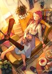  1girl akagi_shun barefoot blue_skirt braid cat ceiling_fan closed_eyes couch curtains hanging_plant mouth_drool nap open_window original pillow red_hair shirt single_slipper skirt sleeping slippers sunlight tea twin_braids white_shirt window 