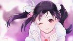  1girl anxflower black_hair bow feathers floating_hair grin hair_bow hair_feathers highres long_hair long_sleeves looking_at_viewer love_live! one_eye_closed pink_bow pink_sweater portrait red_eyes shiny shiny_hair smile snow_halation solo striped striped_bow sweater twintails white_feathers yazawa_nico 