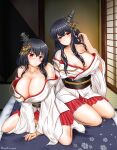  2girls areola_slip areolae black_hair blush breasts cleavage detached_sleeves fusou_(kancolle) futon hair_ornament highres kantai_collection large_breasts long_hair looking_at_viewer multiple_girls nontraditional_miko red_eyes short_hair smile uratomomin yamashiro_(kancolle) 