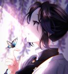  1girl black_hair black_jacket blood blood_from_mouth blurry blurry_background brown_eyes bug butterfly butterfly_on_hand flower from_side hair_tubes haori highres insect jacket japanese_clothes kimetsu_no_yaiba kochou_shinobu long_sleeves looking_up portrait profile shiny shiny_hair short_hair sidelocks solo wisteria yura_458 