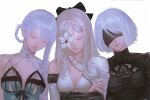  3girls black_bow blindfold bow breasts cleavage closed_eyes crossed_arms drag-on_dragoon drag-on_dragoon_3 flower_over_eye ggyomz hair_bow highres kaine_(nier) leaning_on_person multiple_girls nier nier_(series) nier_automata short_hair silver_hair simple_background upper_body yorha_no._2_type_b zero_(drag-on_dragoon) 