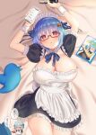  &gt;_&lt; 1girl alternate_costume apron beer_can black_skirt blue_hair blush borrowed_character breasts can cellphone chibi chibi_inset cleavage commentary_request enmaided hamburger-chan_(nekoume) holding holding_phone huge_breasts lying magazine maid maid_apron maid_headdress on_back on_bed original phone pico_(p_i_c_o) puffy_short_sleeves puffy_sleeves red-framed_eyewear red_eyes saliva semi-rimless_eyewear shiny shiny_skin short_sleeves skirt smartphone solo strong_zero translation_request twitter_bird under-rim_eyewear wrist_cuffs 