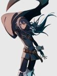  1girl arm_up bangs belt blue_eyes blue_gloves blue_hair blue_pants boots brown_belt cape commentary_request fingerless_gloves fingernails fire_emblem fire_emblem_awakening floating_cape gloves grey_cape hair_between_eyes highres leather_belt long_hair long_sleeves looking_at_viewer lucina_(fire_emblem) pants parted_lips pikapika_hoppe sidelocks simple_background smile solo standing thigh_boots thighhighs tiara white_background 