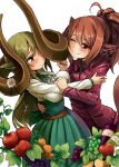  159cm 2girls :t ahoge animal_ears apple belt blush bottle breasts brown_belt closed_mouth curled_horns earrings embarrassed food fruit gran-chan_(159cm) grapes green_hair green_neckwear green_ribbon green_skirt high-waist_skirt highres horns huge_horns jacket jewelry large_breasts long_sleeves multiple_girls neck_ribbon one_eye_closed original ponytail red_apple red_eyes red_jacket ribbon shirt simple_background skirt smile tail white_background white_shirt wine-chan_(159cm) wine_bottle 