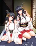  2girls black_hair blush breasts detached_sleeves fusou_(kancolle) futon hair_ornament highres kantai_collection large_breasts long_hair looking_at_viewer multiple_girls nontraditional_miko red_eyes short_hair skirt smile uratomomin wide_sleeves yamashiro_(kancolle) 
