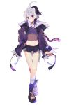  1girl bandaged_leg bandages bangs belt bike_shorts boots character_name crop_top eyebrows_visible_through_hair flat_chest flower_(vocaloid) full_body fur-trimmed_jacket fur_trim gynoid_talk hair_between_eyes hand_on_hip head_tilt headphones headphones_around_neck highres hood hooded_jacket jacket leg_warmers looking_at_viewer midriff mismatched_legwear miwasiba multicolored_hair nail_polish navel official_art platform_boots purple_eyes purple_hair purple_nails purple_shirt purple_shorts see-through_shirt shirt shorts sidelocks solo streaked_hair striped striped_legwear toeless_footwear torn_clothes torn_shirt transparent_background two-tone_hair v_flower_(gynoid_talk) v_flower_(vocaloid4) vocaloid white_hair 