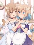  2girls :d :o absurdres animal_ear_fluff animal_ears apron bangs bare_shoulders black_choker blue_bow blue_eyes blue_hair bow box brown_eyes candy cat_ears cat_girl cat_tail chocolate chocolate_heart choker collarbone commentary_request extra_ears eyebrows_visible_through_hair food frilled_apron frills gradient_hair hair_ornament hairclip heart highres holding holding_box indoors light_brown_hair multicolored_hair multiple_girls open_mouth original shiraha_maru short_hair short_sleeves smile striped striped_bow tail tail_bow tail_ornament twitter_username valentine waist_apron white_bow white_hair window yuri 