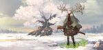  1girl absurdres animal_ears antlers cloak commentary flower full_body fur_trim grass gun highres holding holding_gun holding_weapon house long_hair original outdoors rifle scarf scenery silver_hair snow solo suzuke tree weapon 