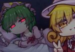 2girls bangs bed_sheet black_background blonde_hair bow bowtie breasts cleavage closed_mouth commentary_request curly_hair dress elly_(touhou) eyebrows_visible_through_hair green_hair hair_between_eyes kazami_yuuka large_breasts long_sleeves looking_at_another looking_at_viewer multiple_girls on_bed pajamas peeking_out pillow pink_dress pink_headwear red_bow red_eyes red_neckwear short_hair simple_background smile star_(symbol) star_print touhou unime_seaflower upper_body v white_headwear yellow_eyes 