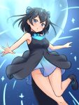  1girl absurdres adapted_costume bangs bare_arms bare_legs bare_shoulders black_dress black_footwear black_hair blue_eyes blue_neckwear blush breasts commentary cosplay dress foot_out_of_frame greater_lophorina_(kemono_friends) hair_ribbon highres kemono_friends looking_at_viewer medium_breasts no_panties parted_lips ribbon shiraha_maru short_hair skyfish_(kemono_friends) skyfish_(kemono_friends)_(cosplay) sleeveless sleeveless_dress solo twitter_username 