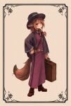  159cm belt black_headwear black_neckwear blush brown_belt closed_mouth full_body hair_between_eyes hair_over_shoulder haori hat highres holding holding_suitcase japanese_clothes kimono long_hair looking_at_viewer mini_necktie original red_eyes smile standing suitcase tail top_hat wine-chan_(159cm) 