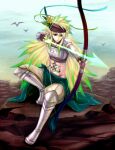  1boy archery armor arrow_(projectile) bangs bird blonde_hair bow_(weapon) breastplate brown_gloves cape closed_mouth commentary_request drawing_bow emblem expressionless feathers fingerless_gloves full_body gauntlets gloves gradient_hair green_cape green_hair hair_feathers holding holding_bow_(weapon) holding_weapon leg_armor long_hair looking_afar male_focus midriff multicolored_hair navel pauldrons pixiv_fantasia pixiv_fantasia_5 pointy_ears retgra rock shoulder_armor solo standing stomach_tattoo tattoo very_long_hair waist_cape weapon 