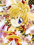  1990s_(style) 1girl animal_ears blonde_hair bunny_ears checkered checkered_background cherry_blossoms close-up closed_mouth earrings extra_ears face fan flower gloves hair_intakes hair_ribbon highres holding holding_fan jewelry kaitou_jeanne kamikaze_kaitou_jeanne kusakabe_maron long_hair looking_at_viewer magical_girl official_art one_eye_closed pointing ponytail purple_eyes red_ribbon retro_artstyle ribbon scan smile solo tanemura_arina white_gloves 