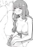  1boy 1girl bar_censor blush breasts censored clothed_female_nude_male collarbone fingernails greyscale hair_ornament half-closed_eyes handjob hetero highres idolmaster idolmaster_cinderella_girls imminent_kiss kotoribako large_breasts long_hair monochrome moroboshi_kirari navel nipples nude panties parted_lips penis producer_(idolmaster) simple_background star_(symbol) star_hair_ornament topless underwear underwear_only white_background 