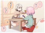  2girls ahoge blue_hair braid brown_eyes cellphone hair_ribbon highres hisakawa_nagi hood hoodie idolmaster idolmaster_cinderella_girls indoors kneeling long_hair multicolored_hair multiple_girls phone pillow pink_hair ribbon ringorou_(idolmaster) short_hair shorts silver_hair sitting skirt socks speech_bubble sweater table taking_picture translation_request twintails two-tone_hair yukie_(kusaka_shi) yumemi_riamu 