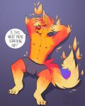  2021 absurd_res anthro biped bulge canid canine clothed clothing dialogue digital_media_(artwork) english_text feet firefox fox fur hands_behind_head head_tuft hi_res looking_at_viewer male mammal nipples orange_body orange_fur pubes puckothefox red_eyes solo speech_bubble text topless tuft underwear yellow_body yellow_fur 