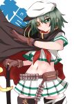  1girl absurdres ammunition_belt bangs black_cape brown_gloves cape character_name closed_mouth commentary cowboy_shot crop_top crop_top_overhang cutlass eyebrows_visible_through_hair eyepatch gloves green_eyes green_hair groin hair_between_eyes hat highres kantai_collection kiso_(kancolle) kitahama_(siroimakeinu831) looking_at_viewer medium_hair midriff navel neckerchief pleated_skirt remodel_(kantai_collection) sailor_hat school_uniform serafuku short_sleeves sidelocks skirt solo standing thighhighs white_background white_headwear white_serafuku white_skirt zettai_ryouiki 