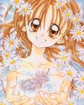  1990s_(style) 1girl brown_eyes brown_hair collarbone cupping_hands daisy feathers flower head_tilt kamikaze_kaitou_jeanne kusakabe_maron light_particles long_hair looking_at_viewer official_art retro_artstyle scan smile solo tanemura_arina upper_body white_wings wings 