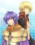  2boys :d armor bangs bare_pecs black_coat blonde_hair blue_background brown_eyes cape closed_mouth coat commentary_request cross cross_necklace crusader_(ragnarok_online) jewelry long_sleeves looking_at_viewer looking_to_the_side male_focus multiple_boys necklace open_clothes open_coat open_mouth pauldrons priest_(ragnarok_online) purple_cape purple_eyes purple_hair ragnarok_online red_coat retgra short_hair shoulder_armor smile tabard two-tone_coat upper_body 