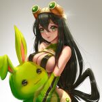  1girl :p asui_tsuyu bangs bare_shoulders black_hair blondynkitezgraja boku_no_hero_academia bow_by_hair breasts cleavage commentary covered_nipples detached_sleeves english_commentary green_eyes grey_background hair_between_eyes highres instagram_username large_breasts long_hair looking_at_viewer object_hug signature solo stuffed_animal stuffed_toy tied_hair tongue tongue_out upper_body very_long_hair watermark web_address youtube_username 