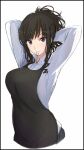  1girl amagami apron black_apron black_skirt blush cropped_torso drill_hair hair_tie_in_mouth mobu morishima_haruka mouth_hold ponytail shirt skirt smile solo tying_hair upper_body white_background white_shirt 