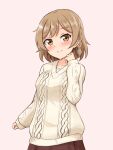  1girl absurdres aran_sweater bangs blush braid brown_eyes brown_hair brown_skirt commentary_request eyebrows_visible_through_hair highres long_sleeves looking_at_viewer mole mole_under_eye original shiraha_maru short_hair side_braid simple_background single_braid skirt smile solo sweater twitter_username white_sweater 