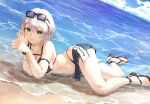  1girl arm_strap bangs barefoot_sandals beach bikini bikini_skirt black_bikini blue_eyes blue_skirt blush breasts cleavage collarbone eyebrows_visible_through_hair eyewear_on_head hair_behind_ear high_heels hololive kanoe_(tatsukanoe) large_breasts lying ocean on_side shirogane_noel shore short_hair silver_hair skirt smile solo sunglasses swimsuit thigh_strap virtual_youtuber 