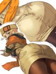  1girl armband ashiomi_masato ass ass_focus black_legwear blonde_hair blue_eyes blush breasts brown_capelet brown_coat buttons coat curvy fingerless_gloves fur_hat gloves guilty_gear guilty_gear_strive hat highres long_hair looking_at_viewer looking_back lying medium_breasts millia_rage on_stomach pantyhose simple_background solo sweatdrop ushanka very_long_hair white_background wide_hips 