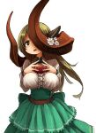  159cm 1girl animal_ears apple back_bow belt blonde_hair bow breasts brown_belt cowboy_shot curled_horns dot_nose food fruit gran-chan_(159cm) green_skirt high-waist_skirt holding horn_flower horns huge_horns large_breasts long_hair long_sleeves looking_at_viewer open_mouth original red_apple shirt siki simple_background skirt white_background white_shirt yellow_eyes 