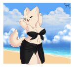  2021 aggressive_retsuko anthro bandeau beach bikini bikini_top black_bikini black_bikini_top black_clothing black_eyes black_nose black_sarong black_swimwear border breasts canid canine cleavage clothed clothing cloud collarbone curvaceous curvy_figure detailed_background digital_media_(artwork) eyelashes female fennec fenneko fluffy fluffy_tail fox front-tie_bikini front-tie_top fur hands_behind_head hi_res looking_at_viewer mammal midriff multicolored_body multicolored_fur navel open_mouth open_smile outside panthera_cantus portrait pose raised_arm sand sanrio sarong seaside signature skimpy sky smile solo standing swimwear tan_body tan_fur three-quarter_portrait tongue topwear two_tone_body two_tone_fur voluptuous water white_border wide_hips 