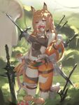  114514 1girl absurdres animal_ears arknights axe bangs bare_shoulders barefoot belt_pouch blonde_hair breasts ceobe_(arknights) ceobe_(summer_flowers)_(arknights) chain dog_ears dog_girl dog_tail eyebrows_visible_through_hair food_in_mouth grass hair_between_eyes hand_up highres holding holding_mushroom kneeling lock long_hair multiple_swords mushroom official_alternate_costume padlock planted_sword planted_weapon pouch red_eyes solo sword symbol_commentary tail torn_clothes very_long_hair weapon weapon_on_back zombie_ke 