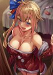 1girl ahoge bangs bed blue_eyes blue_ribbon blurry blurry_background blush breasts brown_hair cleavage collarbone dress fal_(girls_frontline) girls_frontline hair_ribbon highres large_breasts looking_at_viewer open_mouth pooor red_dress ribbon santa_costume side_ponytail solo 