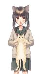  1girl animal animal_ear_fluff animal_ears bangs black_hair blush brown_eyes brown_shirt cat cat_ears commentary_request eyebrows_visible_through_hair fang feet_out_of_frame green_eyes green_sailor_collar green_skirt highres holding holding_animal long_hair long_sleeves looking_at_viewer low_twintails midorikawa_you open_mouth original pleated_skirt sailor_collar shirt simple_background skirt sleeves_past_wrists solo standing twintails v-shaped_eyebrows white_background 