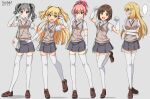  5girls arms_up bag blonde_hair gloves highres idolmaster idolmaster_cinderella_girls jougasaki_mika jougasaki_rika kanzaki_ranko long_hair maekawa_miku multiple_girls open_mouth pink_hair school_uniform shoes shokuhou_misaki siblings silver_hair sisters socks takatsuki_p toaru_majutsu_no_index twintails 