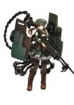  159cm 1girl anti-tank_rifle arthropod_legs beret blush boots brown_eyes brown_footwear brown_hair closed_mouth detached_sleeves finger_on_trigger full_body goggles goggles_on_headwear green_headwear green_skirt grey_legwear gun hat holding holding_gun holding_shield holding_weapon huge_weapon long_sleeves looking_at_viewer low_twintails monster_girl original pantyhose pincers pleated_skirt rifle scorpion_girl scorpion_tail shield simple_background skirt sniper_rifle solo standing tail twintails weapon white_background 