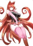  1girl animal_ears azazel_ameri bangs blush boots breasts cat_ears curly_hair eyebrows_behind_hair eyebrows_visible_through_hair hair_between_eyes highres large_breasts long_hair looking_at_viewer mairimashita!_iruma-kun manno_(kanpi2100) orange_eyes pink_legwear pointy_ears red_hair simple_background skirt solo thigh_boots thighhighs very_long_hair white_background 