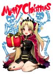  1girl 2others absurdres bangs black_dress black_footwear black_panties blonde_hair blush bow box cape cloak commentary_request crown dress ereshkigal_(fate) fate/grand_order fate_(series) full_body gift gift_box hair_bow happy_tears highres hood hood_down hooded_cloak long_hair merry_christmas multiple_others open_mouth panties pantyshot parted_bangs red_cape red_cloak red_eyes single_thighhigh sitting skeleton socks solo_focus tearing_up tears thighhighs two_side_up underwear upper_teeth very_long_hair wariza yotaro 