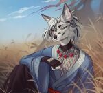  2021 anthro asian_clothing canid canine clothing east_asian_clothing fingerless_gloves fox gloves hair handwear japanese_clothing looking_at_viewer male mammal orphen-sirius scenery sitting smile solo 